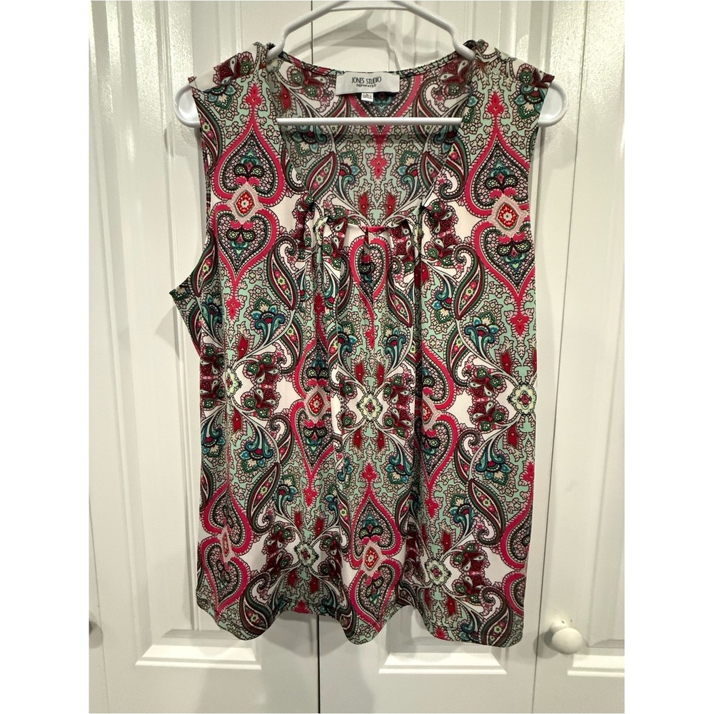 Jones Studio Pink Teal Paisley Scoop Neck Top Size Large